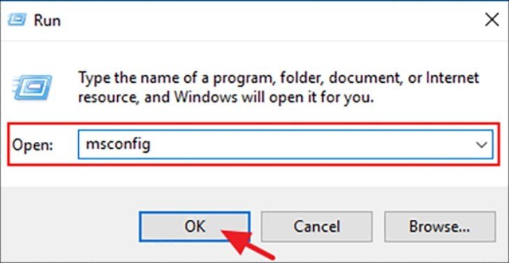 Nhập lệnh msconfig trên hộp thoại Run