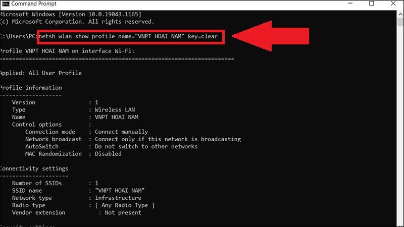 Nhập lệnh netsh wlan show profile name để xem pass Wi-Fi đã kết nối trên laptop
