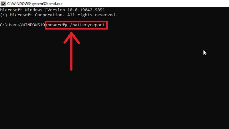 Nhập lệnh powercfg /batteryreport trong Command Prompt