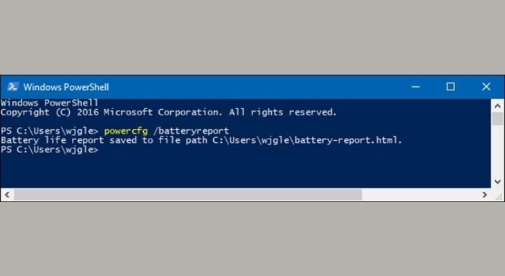 Nhập lệnh powercfg /batteryreport trong Windows PowerShell