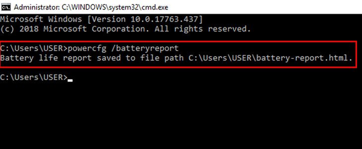 Nhập lệnh powercfg /batteryreport vào Command Prompt để tạo báo cáo pin
