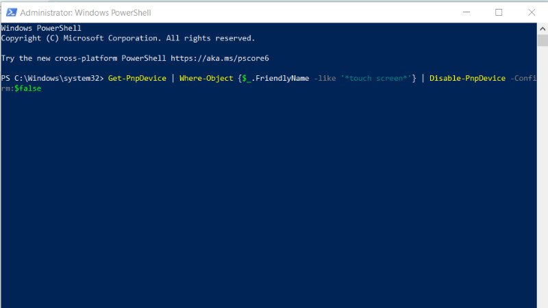 Nhập lệnh PowerShell để tắt chức năng cảm ứng màn hình