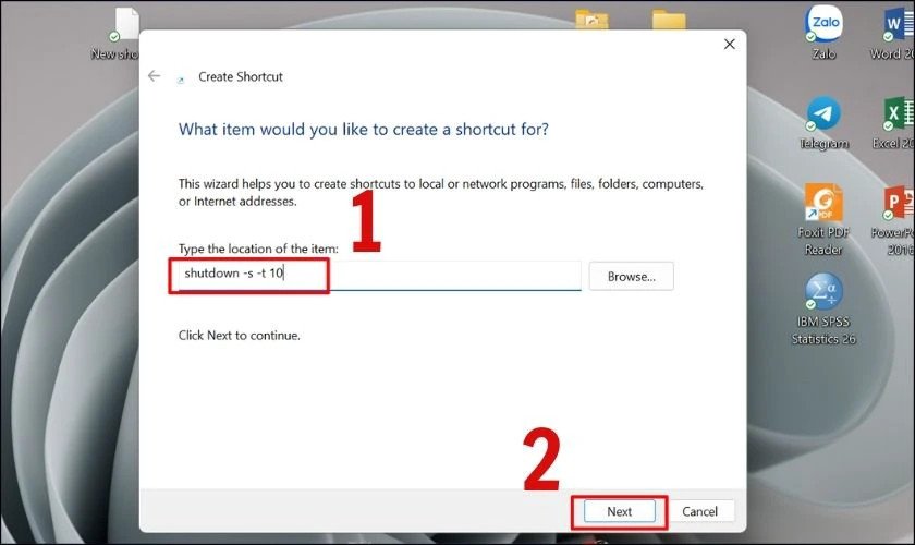 Nhập lệnh shutdown vào trường vị trí để tạo Shortcut hẹn giờ tắt máy laptop
