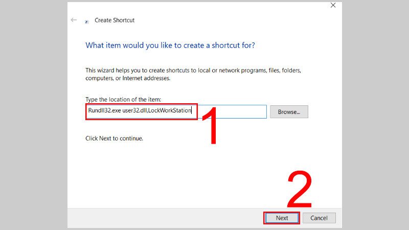 Nhập lệnh tạo Shortcut khóa màn hình laptop