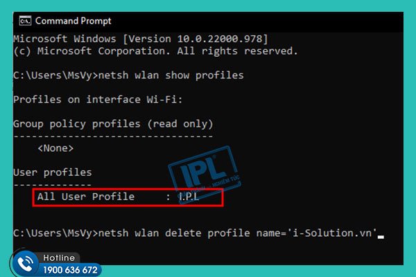 Nhập lệnh xóa hồ sơ mạng WiFi