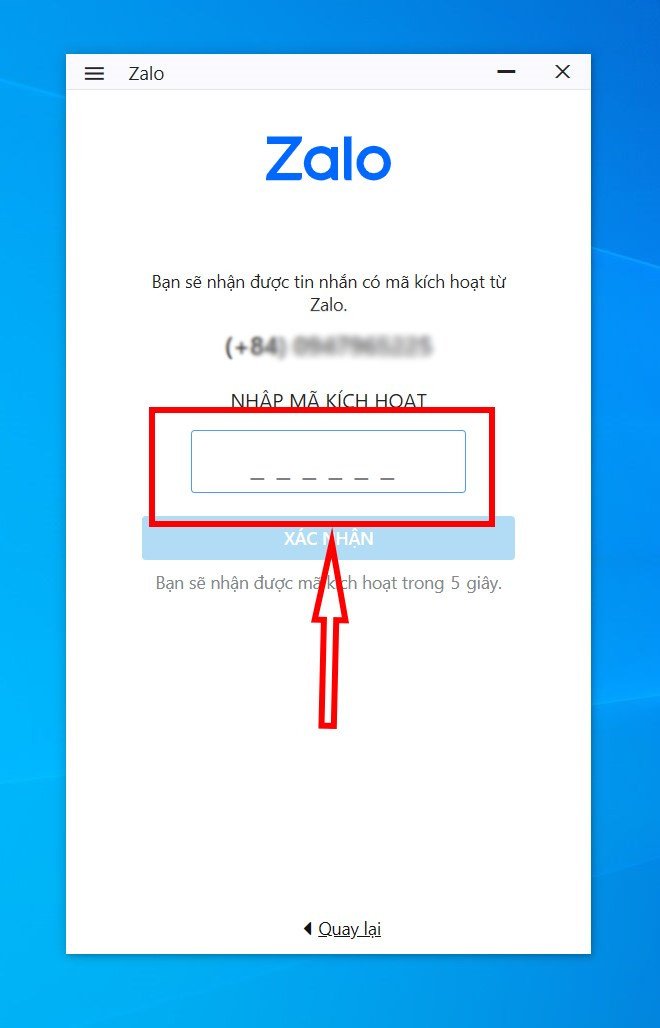 Nhập mã kích hoạt Zalo được gửi đến điện thoại