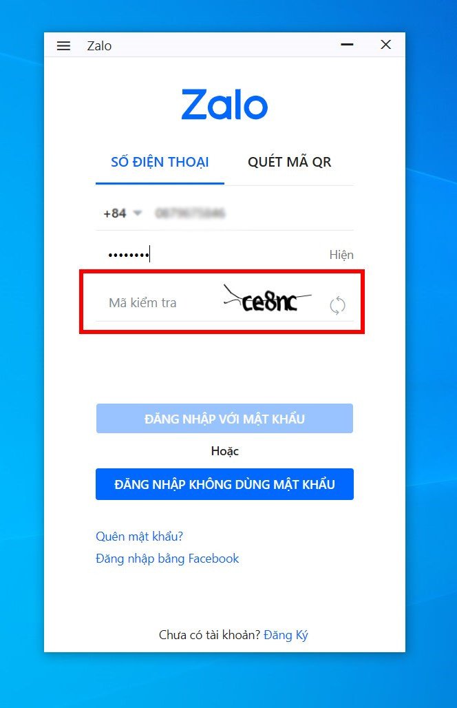 Nhập mã kiểm tra để xác thực đăng nhập Zalo