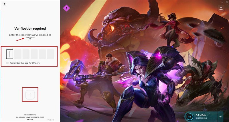 Nhập mã xác minh được gửi về email khi tải game Liên Minh