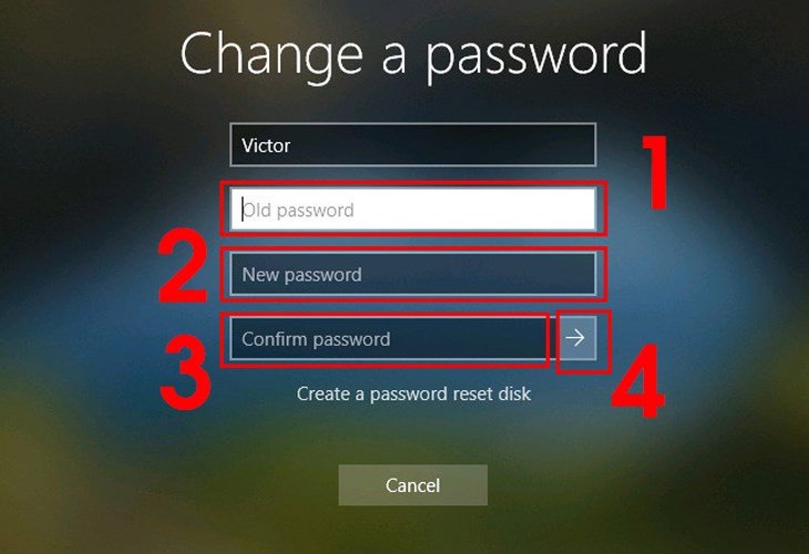nhập mật khẩu cũ và mới để đổi mk trên laptop
