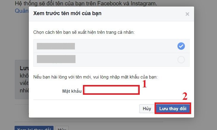 Nhập mật khẩu để xác nhận thay đổi tên trên Facebook laptop