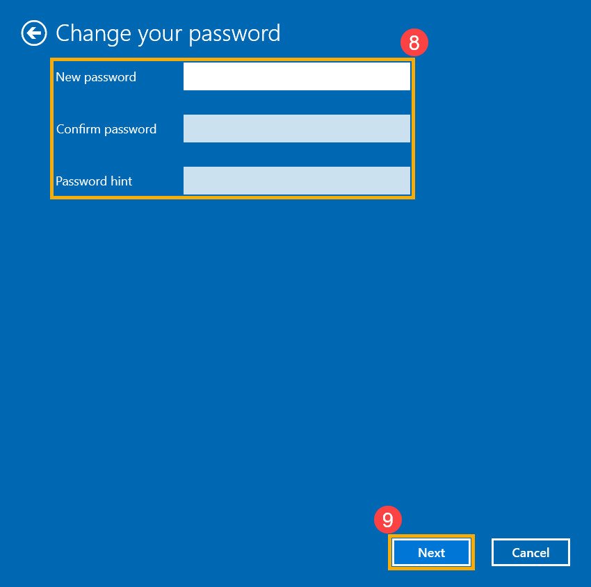 Nhập mật khẩu mới và gợi ý mật khẩu cho tài khoản cục bộ Windows 10