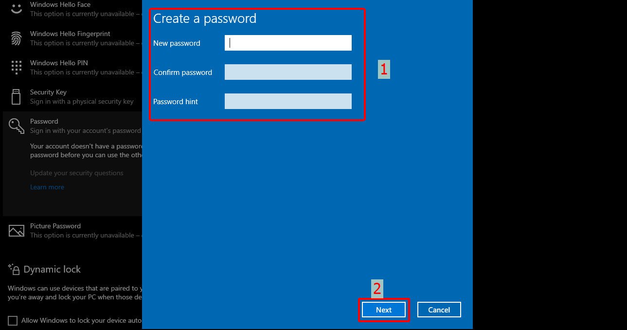 Nhập mật khẩu mới và gợi ý mật khẩu Windows 10