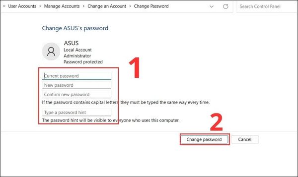 Nhập mật khẩu mới và hoàn tất đổi pass laptop Win 11