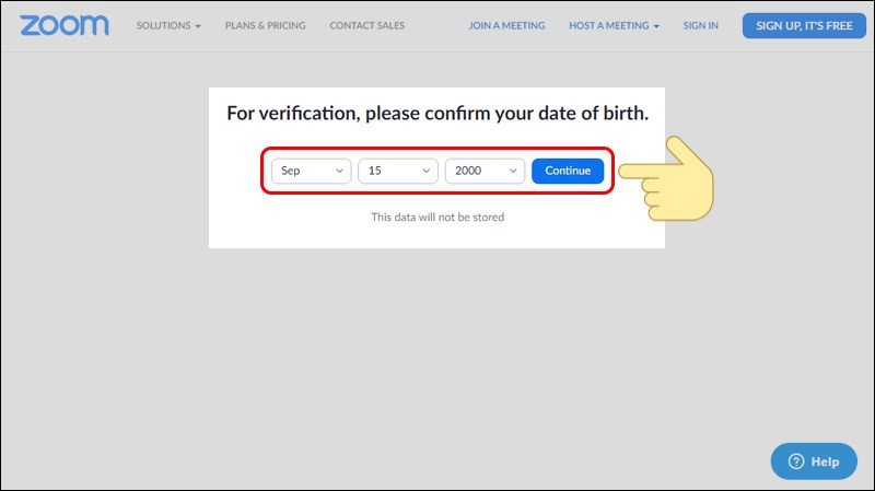 Nhập ngày tháng năm sinh để tiếp tục quá trình đăng ký Zoom