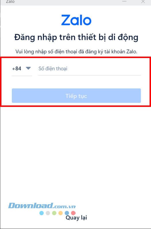 Nhập số điện thoại để đăng nhập Zalo trên máy tính