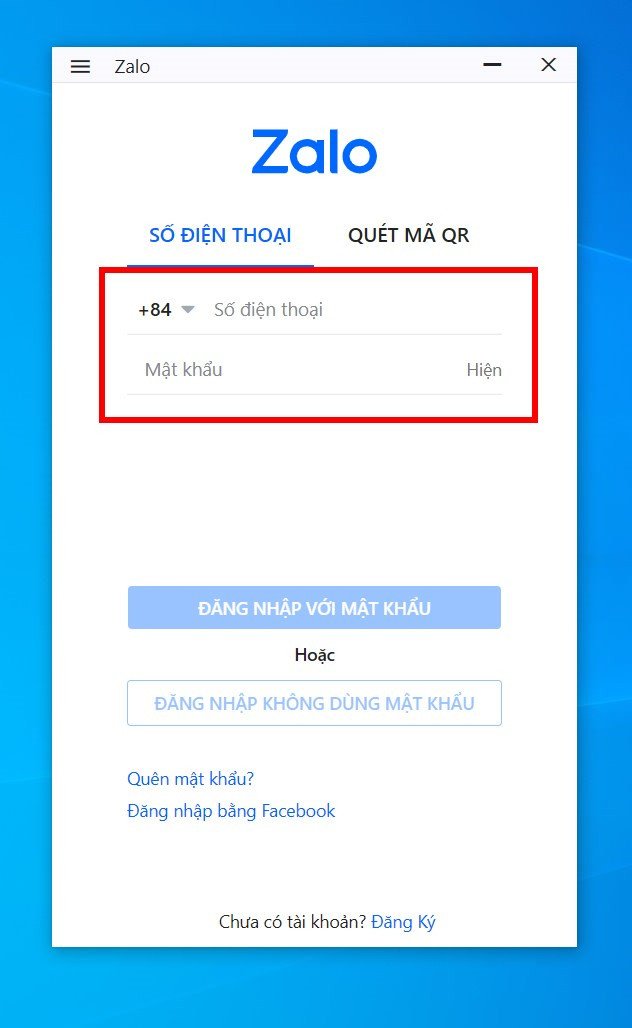 Nhập số điện thoại và mật khẩu để đăng nhập Zalo PC
