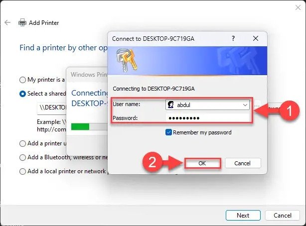 nhập tên máy in canon chia sẻ