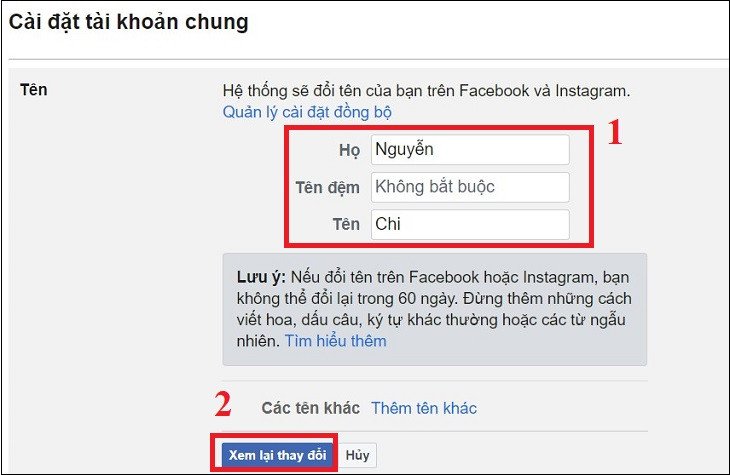 Nhập tên mới và chọn xem lại thay đổi để cập nhật thông tin Facebook