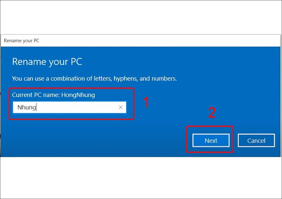 Nhập tên mới và xác nhận để đổi tên laptop Win 11