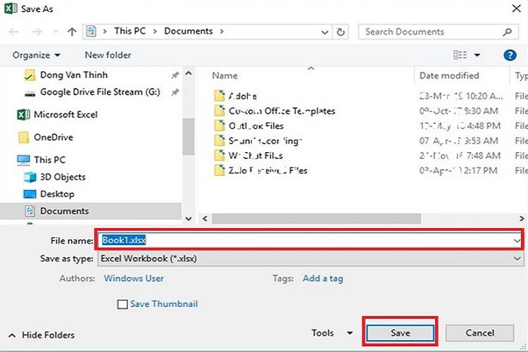 Nhập tên và chọn Save để hoàn tất lưu file Excel trên laptop
