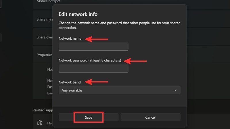 Nhập tên và mật khẩu để phát WiFi từ laptop