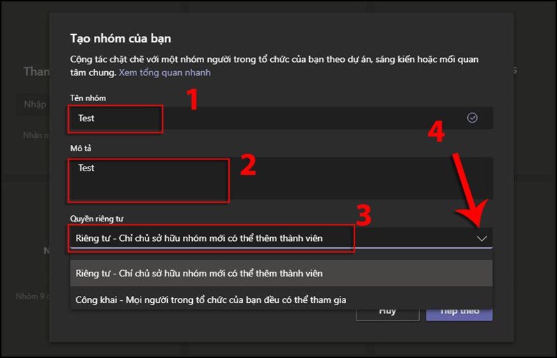 Nhập thông tin cho nhóm Teams