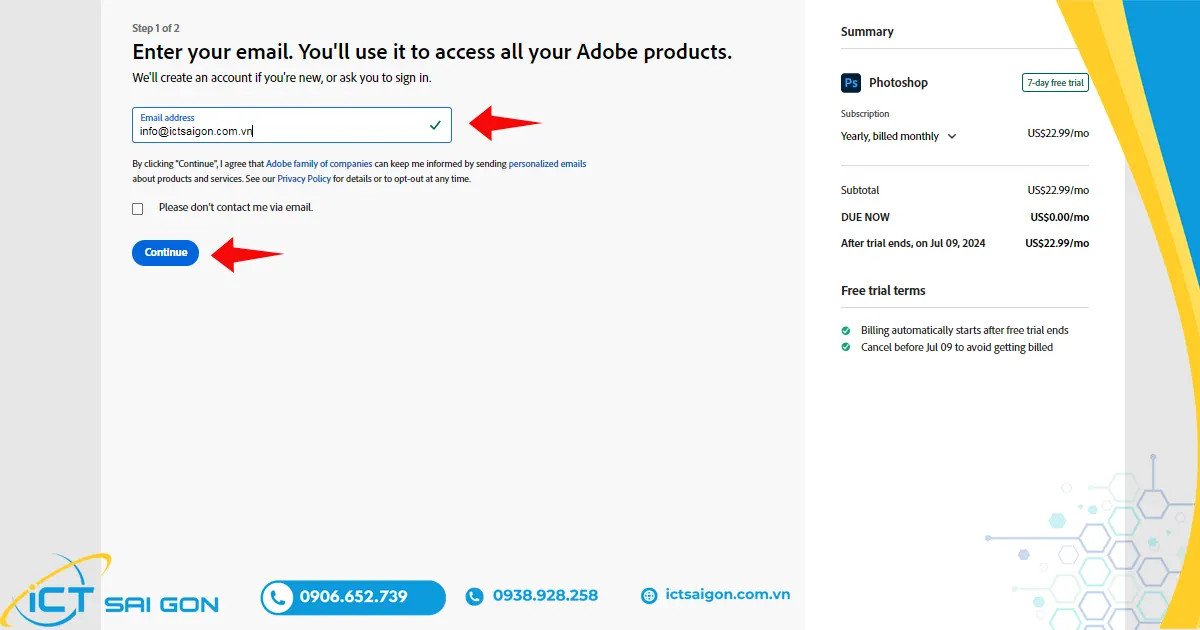 Nhập thông tin email để tải Photoshop trên laptop