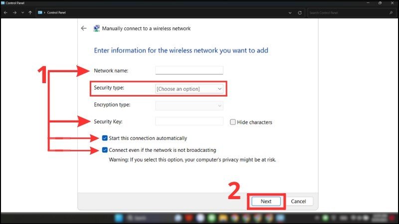Nhập thông tin mạng WiFi và mật khẩu để hoàn tất kết nối