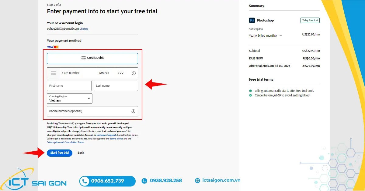 Nhập thông tin thanh toán cho bản quyền Photoshop