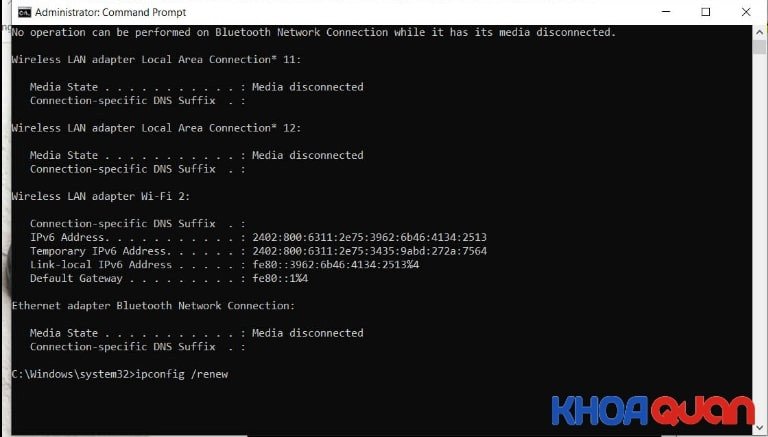 Nhập tiếp lệnh ipconfig /renew