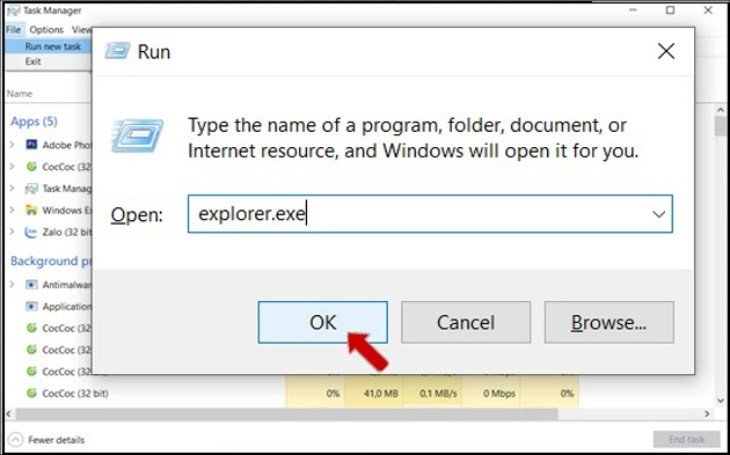Nhập và chạy lệnh explorer.exe để khôi phục giao diện màn hình chính