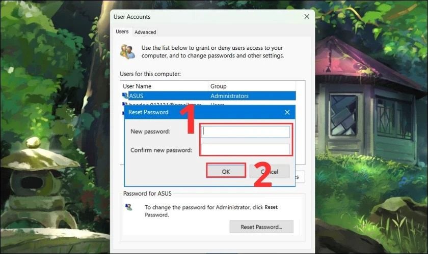 Nhập và xác nhận mật khẩu mới để đổi mk laptop Win 11 qua Netplwiz