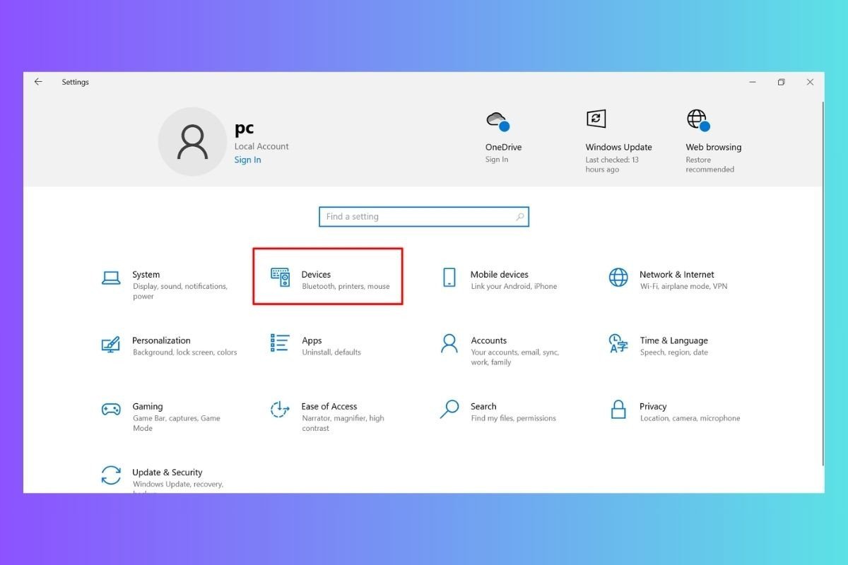 Nhấp vào Devices trong Settings để quản lý thiết bị Bluetooth
