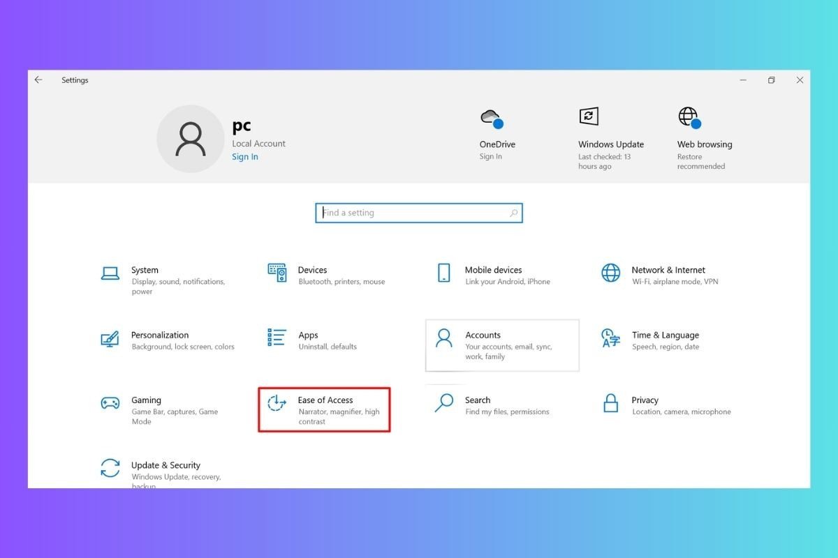 Nhấp vào Ease of Access trong Settings để tìm cài đặt bàn phím