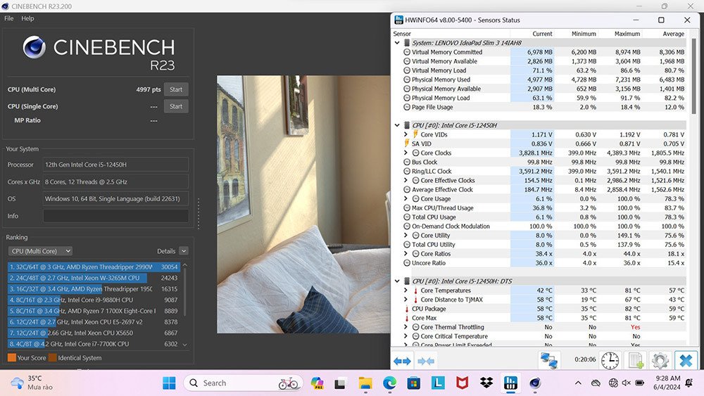 Nhiệt độ CPU khi stress test của laptop Lenovo IdeaPad Slim 3 14IAH8 83EQ0004VN hoạt động trong ngưỡng an toàn