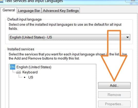 Nút Add để thêm ngôn ngữ mới khi cài đặt bộ gõ Pinyin cho laptop chạy Windows 7