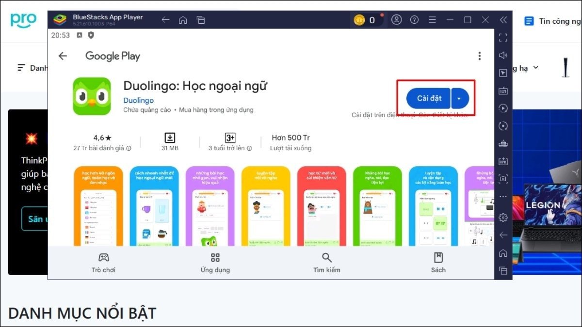 Nút "Cài đặt" ứng dụng Duolingo trên Google Play Store qua giả lập Bluestacks