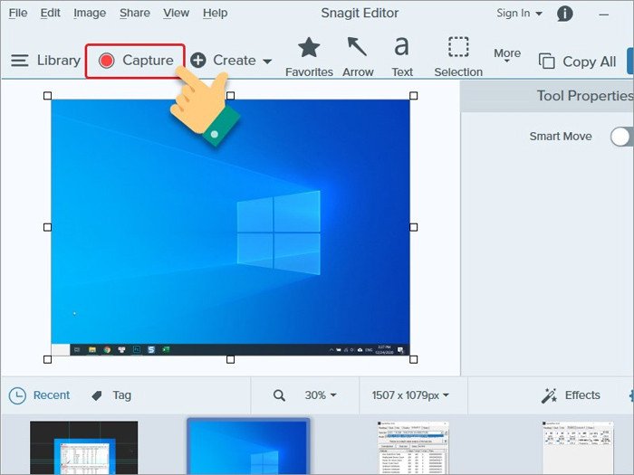 Nút Capture trong Snagit để bắt đầu quá trình chụp ảnh màn hình laptop Win 11