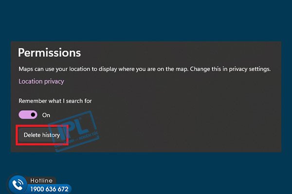 Nút Delete history trong cài đặt Bản đồ