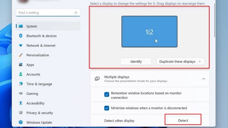 Nút Detect trong cài đặt Display Settings của Windows 11 để phát hiện các màn hình kết nối