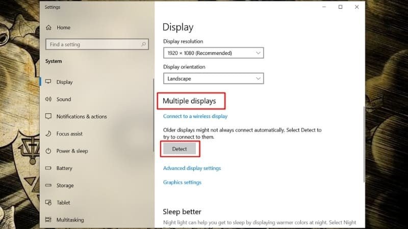 Nút "Detect" trong cài đặt hiển thị Windows 10, giúp phát hiện màn hình phụ qua HDMI