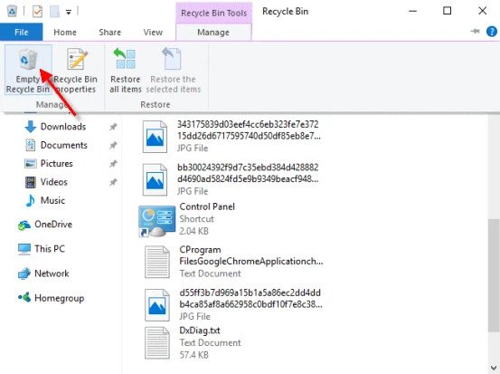 Nút Empty Recycle Bin trên thanh công cụ File Explorer