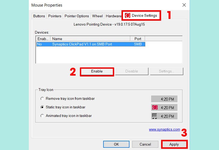 Nút Enable trong Mouse Properties, xác nhận việc bật chuột cảm ứng trên laptop Windows 7.