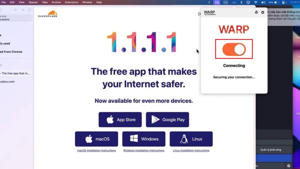 Nút kích hoạt WARP đã bật, sẵn sàng mở Studocu
