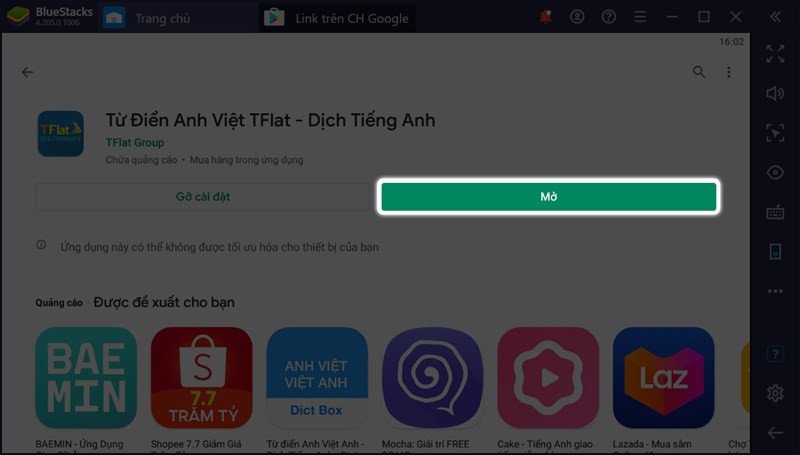 Nút Mở ứng dụng TFlat sau khi quá trình cài đặt thành công trên máy tính