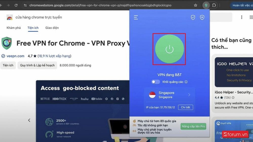 Nút nguồn đã bật trong Free VPN for Chrome, báo hiệu kết nối VPN đã kích hoạt