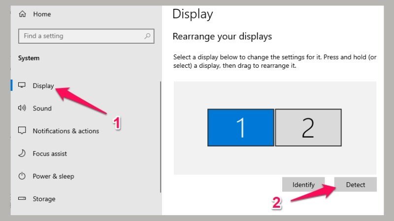 Nút phát hiện màn hình trong cài đặt hiển thị để khắc phục sự cố