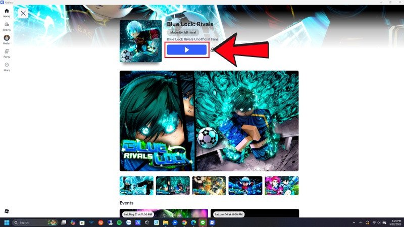 Nút "Play" màu xanh lá cây để bắt đầu trò chơi Roblox từ ứng dụng trên máy tính