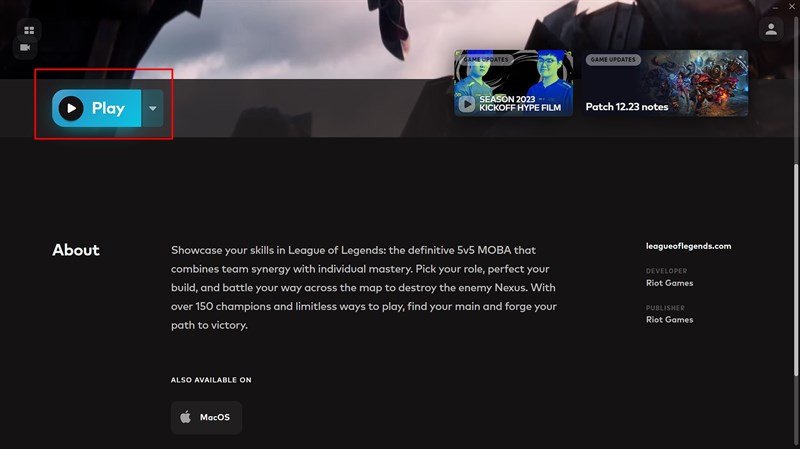 Nút Play sau khi hoàn tất tải LoL về laptop