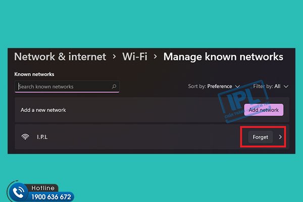 Nút "Quên" để xóa mạng Wifi đã chọn